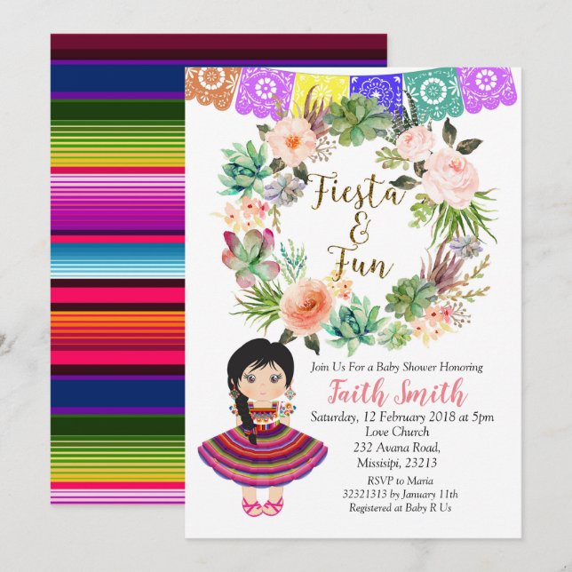 Invitación a Baby Shower de Chica mexicano (Anverso / Reverso)