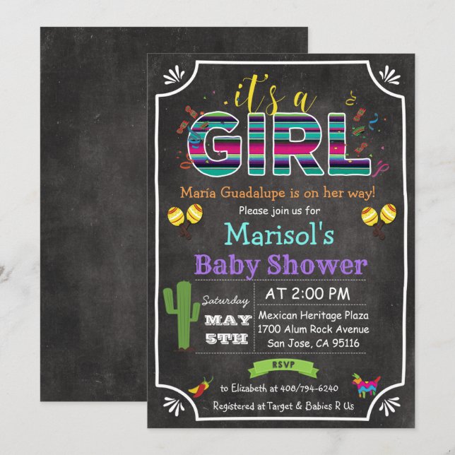 Invitación a Baby Shower de Chica mexicano Fiesta (Anverso / Reverso)