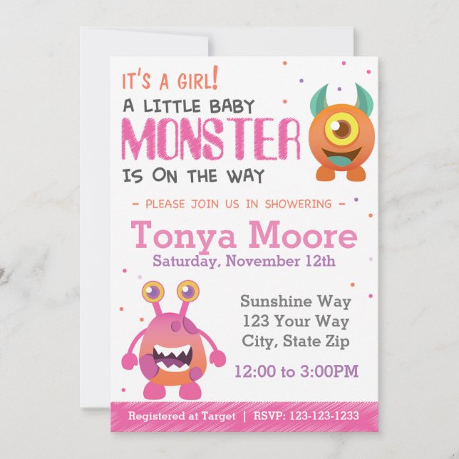 Invitación a Baby Shower de chica Monster (Anverso)