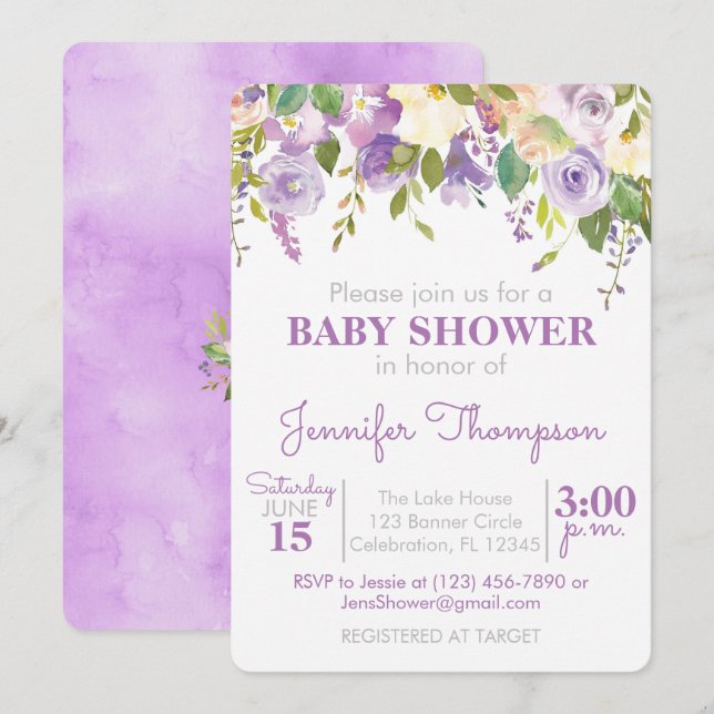 Invitación a Baby Shower de Chica morado floral (Anverso / Reverso)