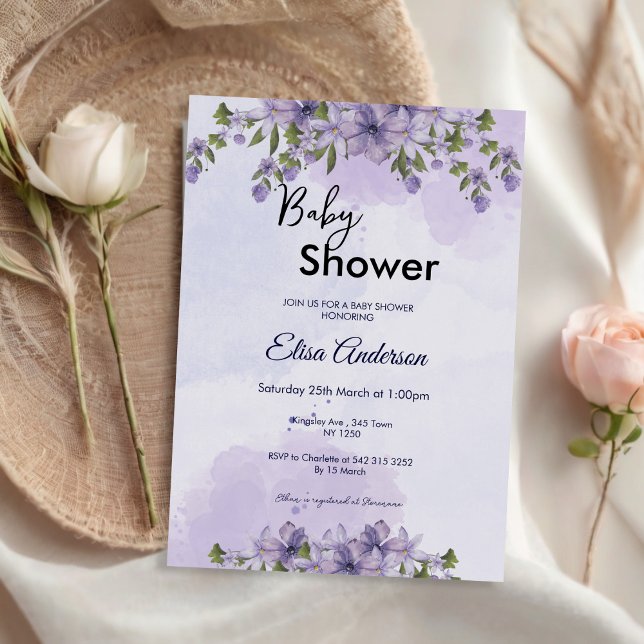 Invitación a Baby Shower de Chica morado floral (Purple Floral Girl Baby Shower Invite)