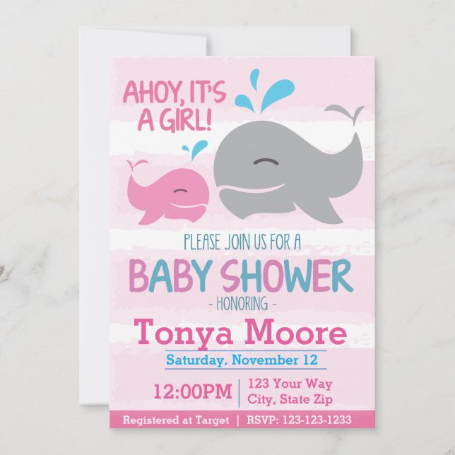 Invitación a Baby Shower de Chica náutico (Anverso)