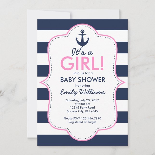 Invitación a Baby Shower de Chica náutico (Anverso)