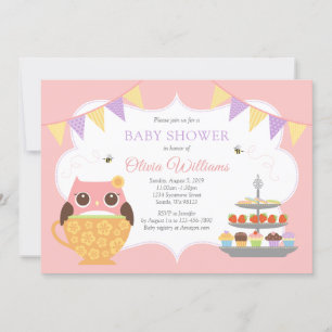 Invitación a Baby Shower de chica Owl Tea Fiesta