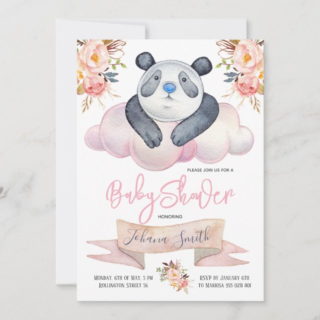 Invitación a Baby Shower de chica Panda Pink Flora (Anverso)