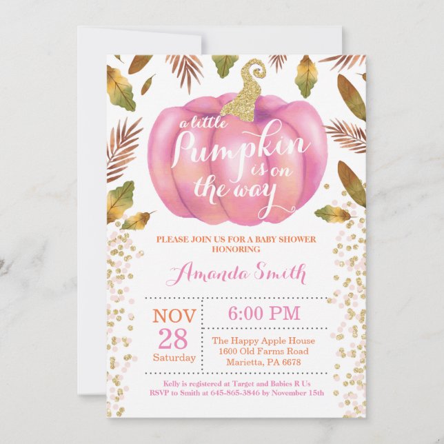 Invitación a Baby Shower de Chica Pumpkin Fall (Anverso)