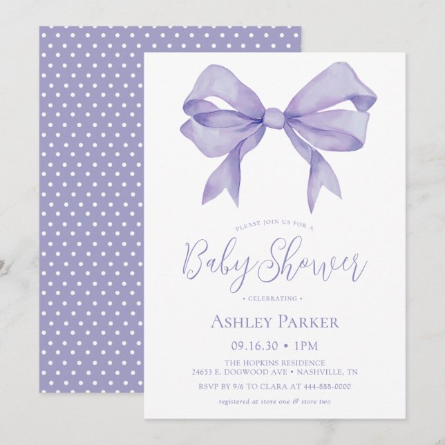 Invitación a Baby Shower de Chica Purple Bow (Anverso / Reverso)