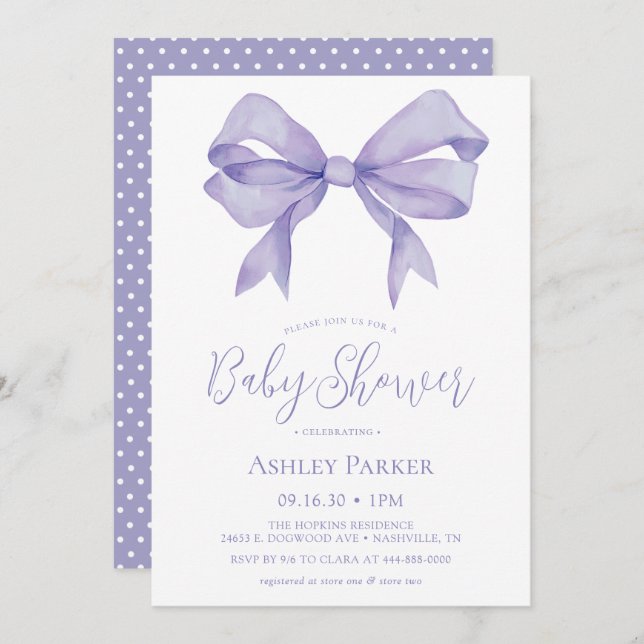 Invitación a Baby Shower de Chica Purple Bow (Anverso / Reverso)