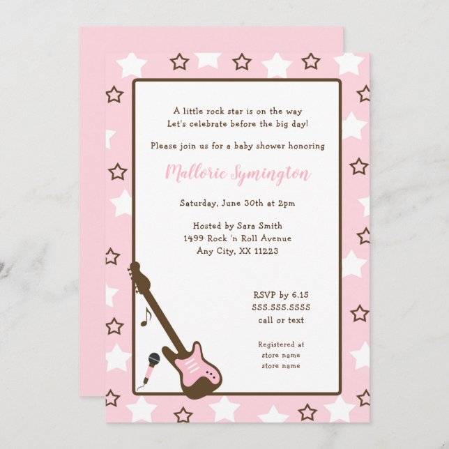 Invitación a Baby Shower de Chica Rock Star (Anverso / Reverso)