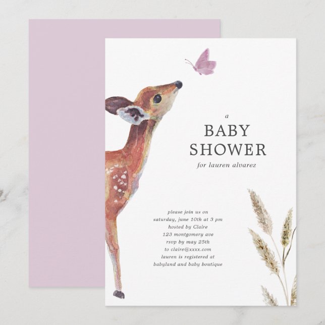 Invitación a Baby Shower de Chica rosa de ciervo m (Anverso / Reverso)
