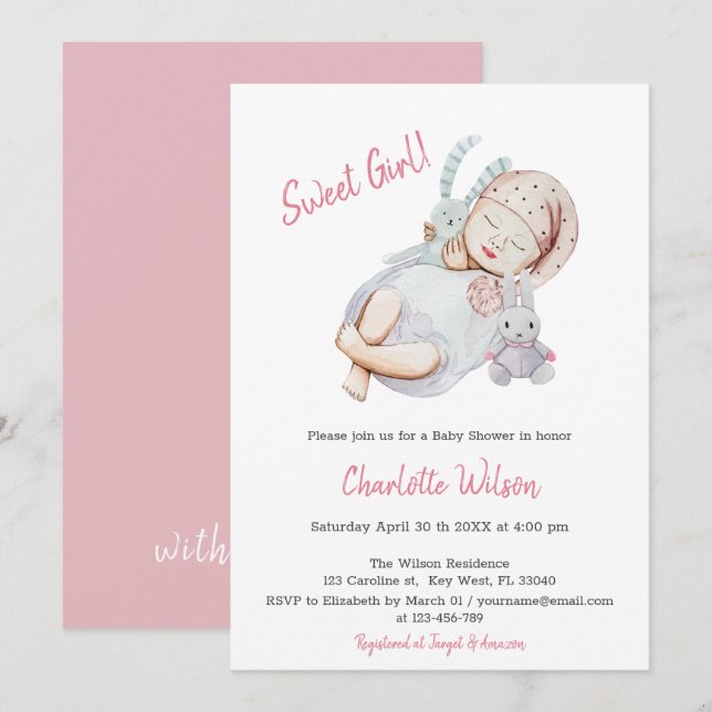 Invitación a Baby Shower de Chica rosa recién naci (Anverso / Reverso)