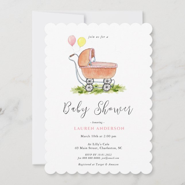 Invitación a Baby Shower de Chica rosado del coche (Anverso)