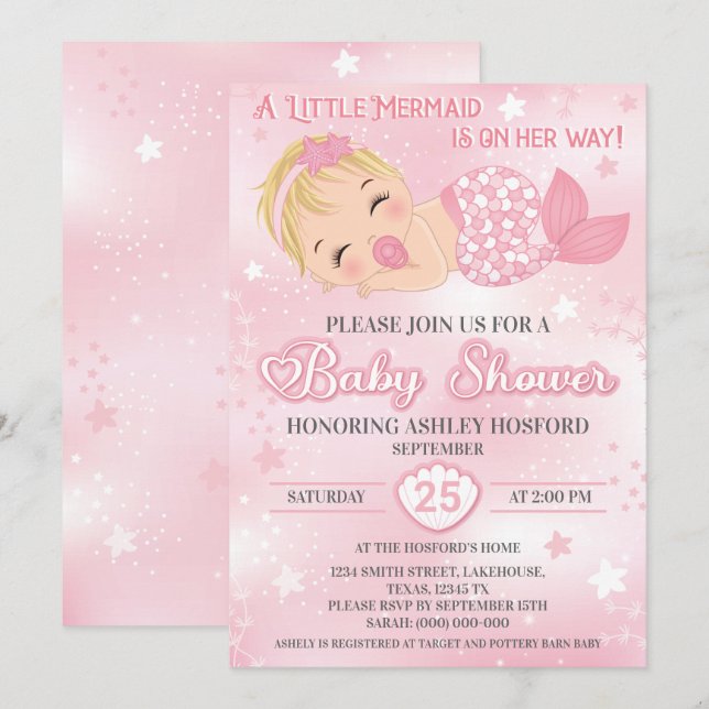 Invitación a Baby Shower de Chica rubio | Sirena p (Anverso / Reverso)
