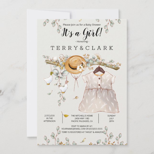 Invitación a Baby Shower de chica Rustic Farm Coun (Anverso)