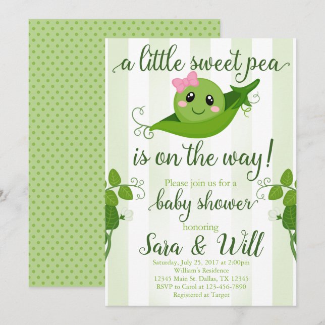 Invitación a Baby Shower de Chica Sweet Pea Pod (Anverso / Reverso)