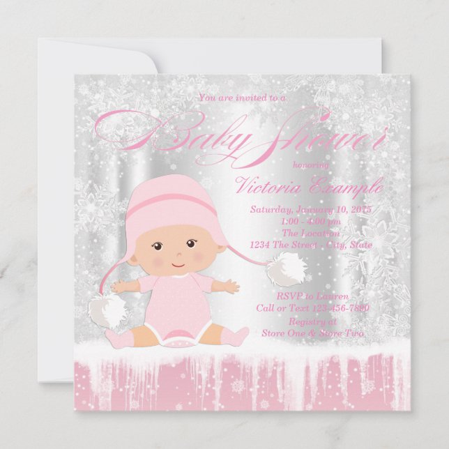Invitación a Baby Shower de chica Winter Wonderlan (Anverso)