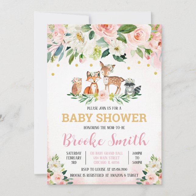 Invitación a Baby Shower de chica Woodland (Anverso)