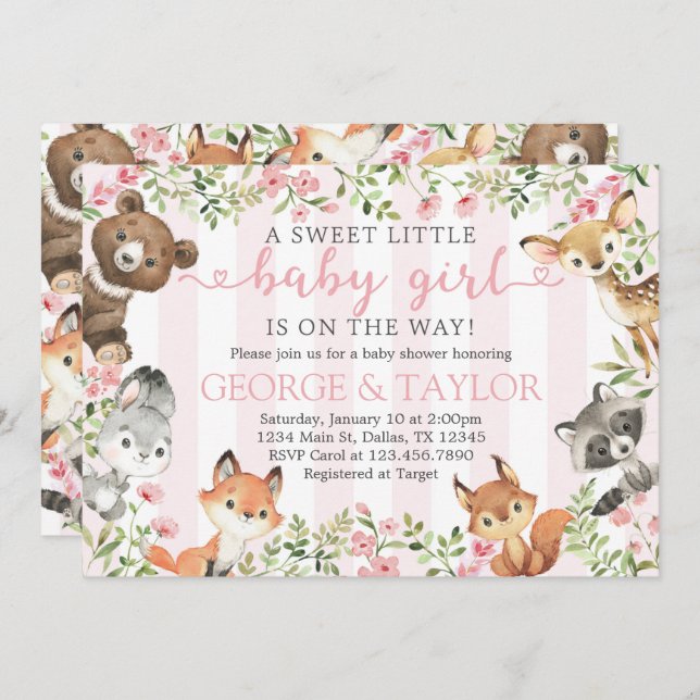 Invitación a Baby Shower de chica Woodland Animal (Anverso / Reverso)