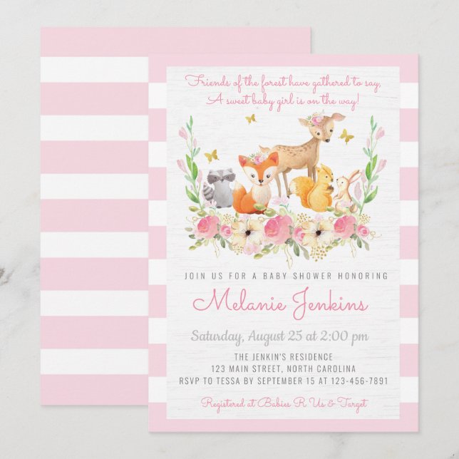 Invitación a Baby Shower de chica Woodland Deer (Anverso / Reverso)