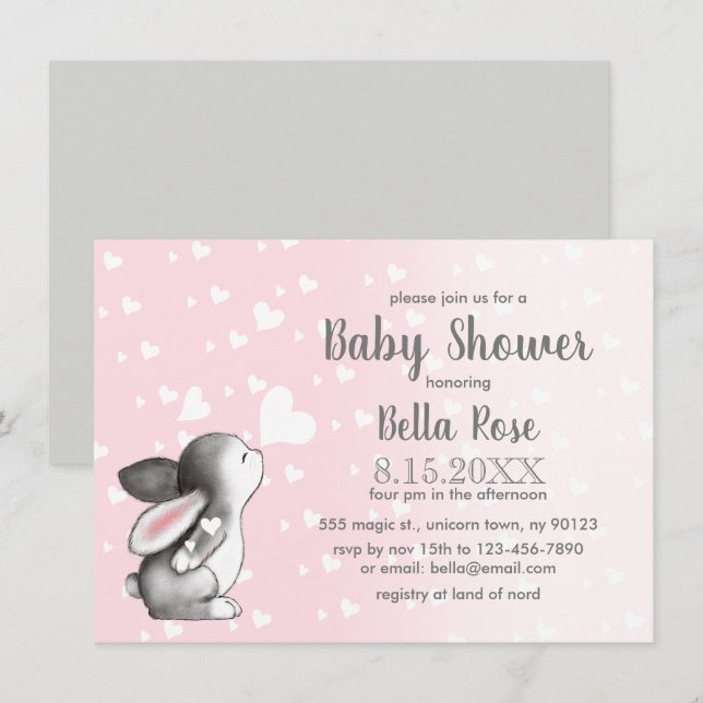 Invitación a Baby Shower de Chicas conejitos rosad (Anverso / Reverso)