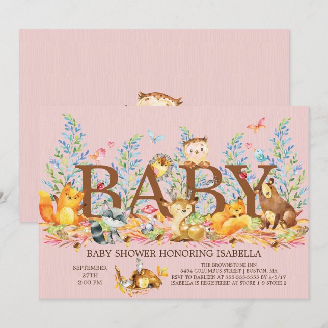 Invitación a Baby Shower de Chicas de animales de  (Anverso / Reverso)