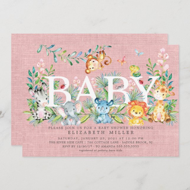 Invitación a Baby Shower de Chicas de animales de  (Anverso / Reverso)