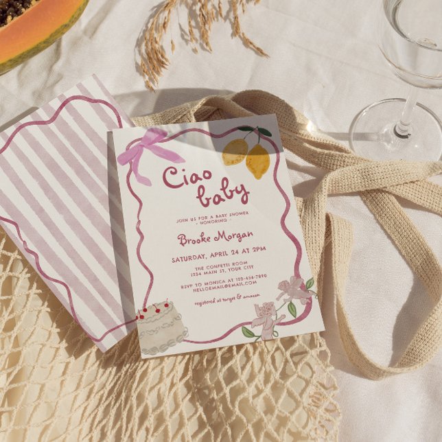 Invitación a Baby Shower de Chicas de Bows de Limó (Ciao Baby Girl Lemon Baby Shower Invite)