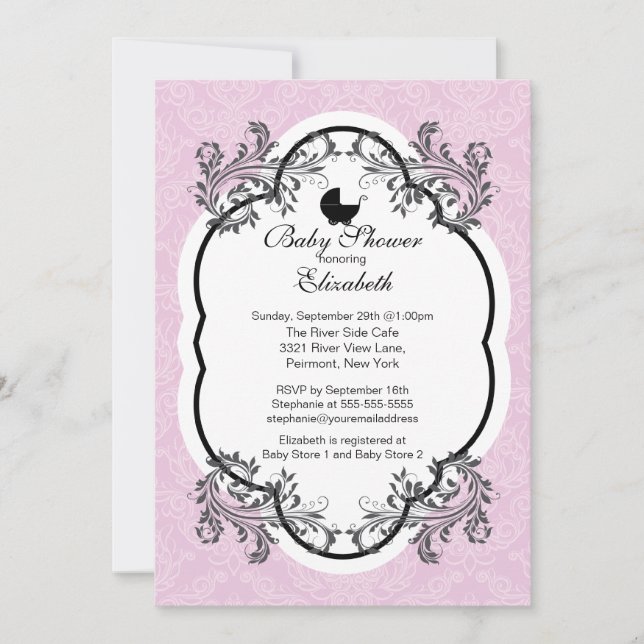 Invitación a Baby Shower de Chicas de Damasco Rosa (Anverso)
