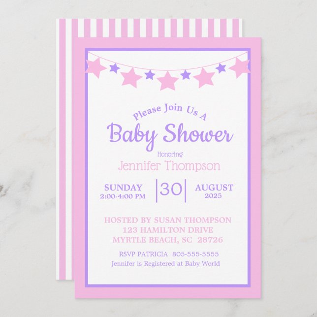 Invitación a Baby Shower de Chicas de estrellas ro (Anverso / Reverso)