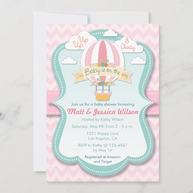 Invitación a Baby Shower de Chicas de globos aeros (Anverso)