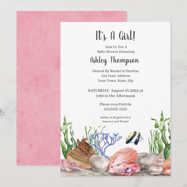 Invitación a Baby Shower de Chicas de tortuga mari (Anverso / Reverso)