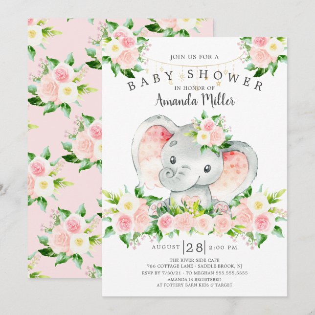Invitación a Baby Shower de Chicas elefantes dulce (Anverso / Reverso)