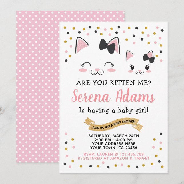 Invitación a Baby Shower de Chicas gatos gatitos (Anverso / Reverso)