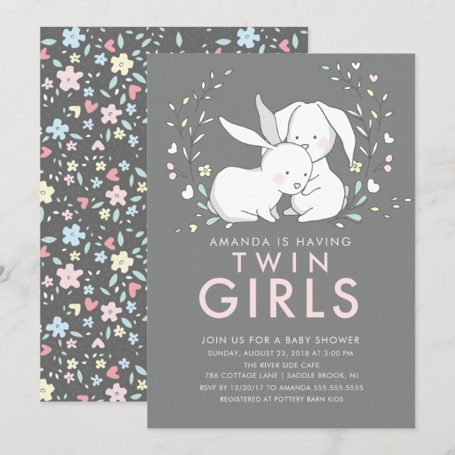 Invitación a Baby Shower de Chicas gemelos Bunny L (Anverso / Reverso)