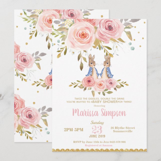 Invitación a Baby Shower de Chicas gemelos Conejo  (Anverso / Reverso)