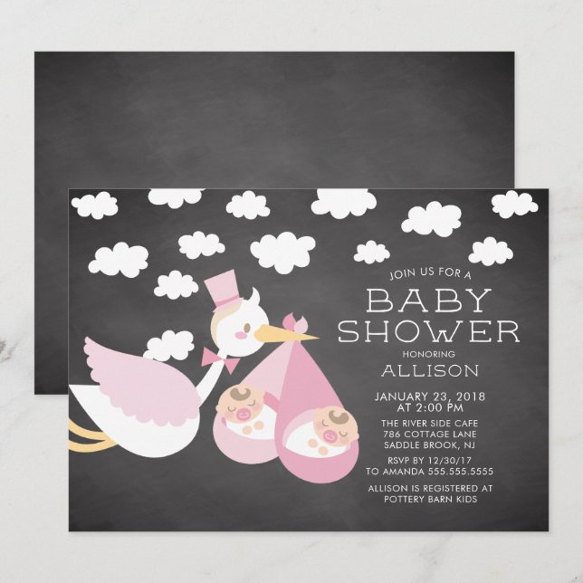 Invitación a Baby Shower de Chicas gemelos y torme (Anverso / Reverso)