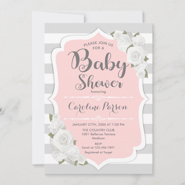 Invitación a Baby Shower de chicas - Gris rosa ros (Anverso)