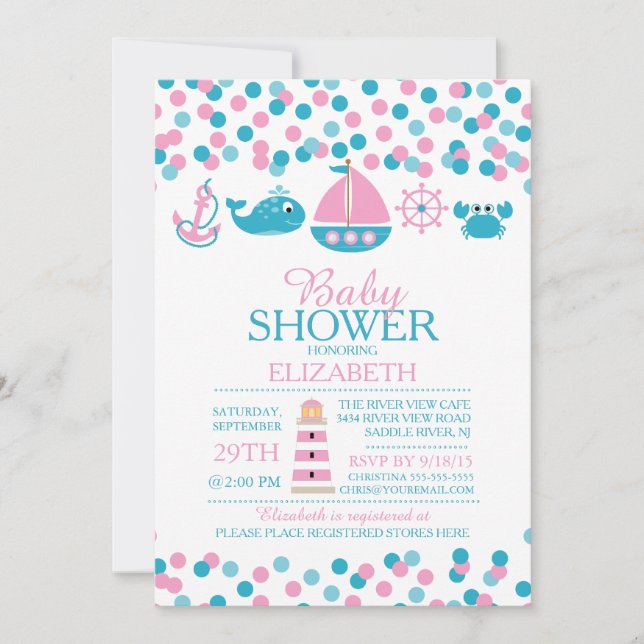 Invitación a Baby Shower de Chicas Náuticos Confet (Anverso)