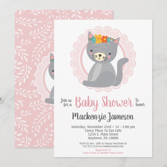 Invitación a Baby Shower de Chicas rosados de gati (Anverso / Reverso)