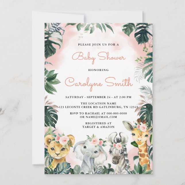 Invitación a Baby Shower de chicas Safari Animals (Anverso)