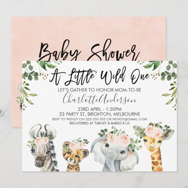 Invitación a Baby Shower de chicas Safari Animals (Anverso / Reverso)