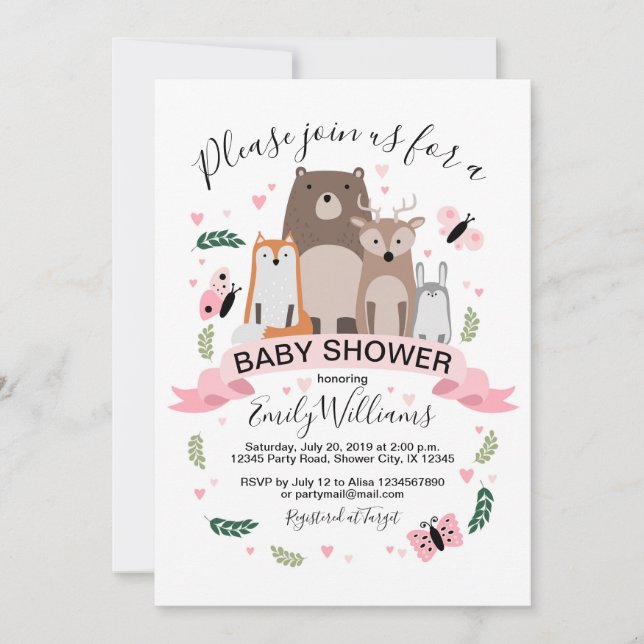 Invitación a Baby Shower de chicas Woodland Animal (Anverso)