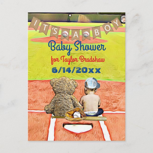 Invitación a Baby Shower de chico con temas de béi (Anverso)