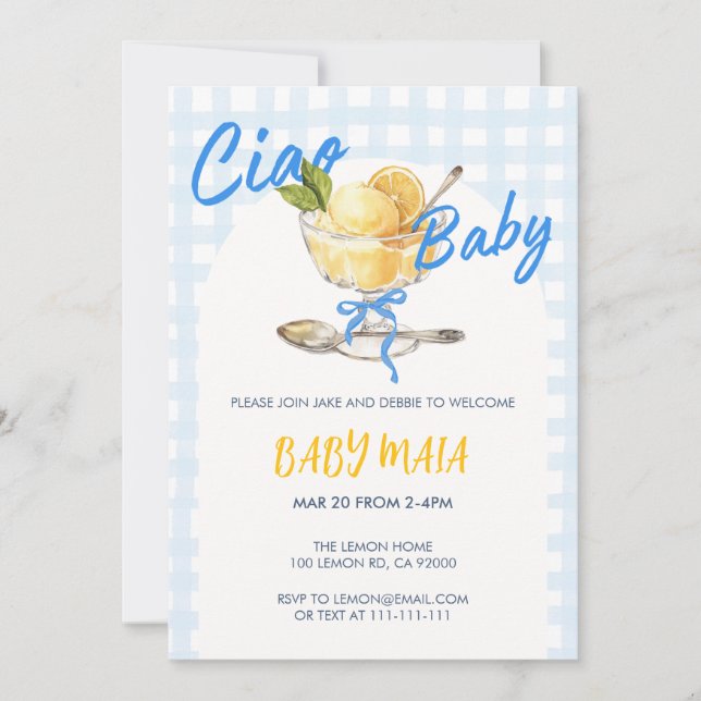 Invitación a Baby Shower de Ciao Baby Lemon Sorbet (Anverso)
