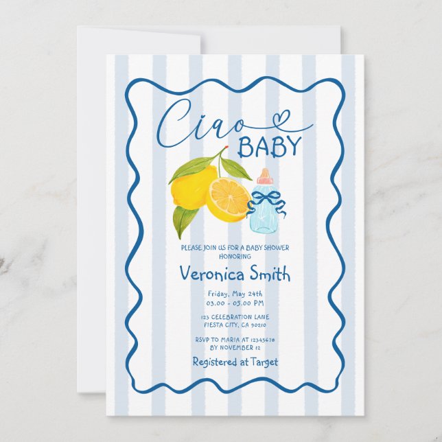 Invitación a Baby Shower de Ciao de Lemon Blue Ita (Anverso)
