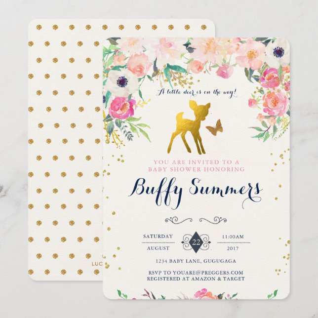 Invitación a Baby Shower de ciervos (Anverso / Reverso)