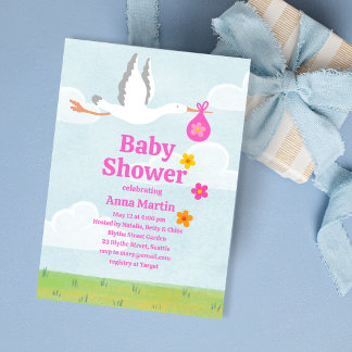 Invitación a baby shower de cigüeñas y florales