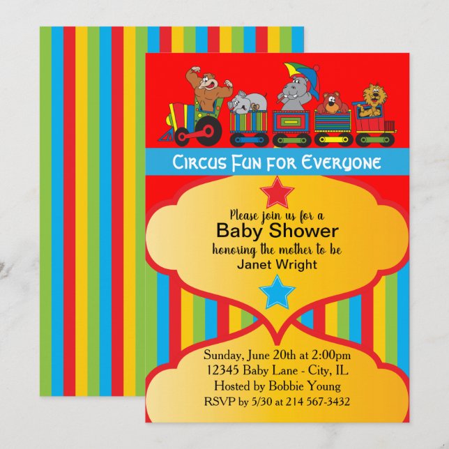 Invitación a Baby Shower de Circus Fun (Anverso / Reverso)