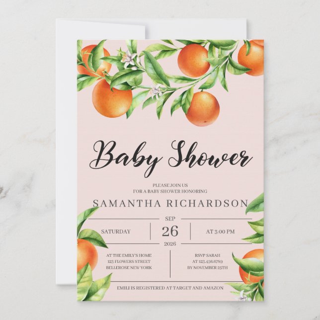 Invitación a Baby Shower de cítricos frescos neutr (Anverso)
