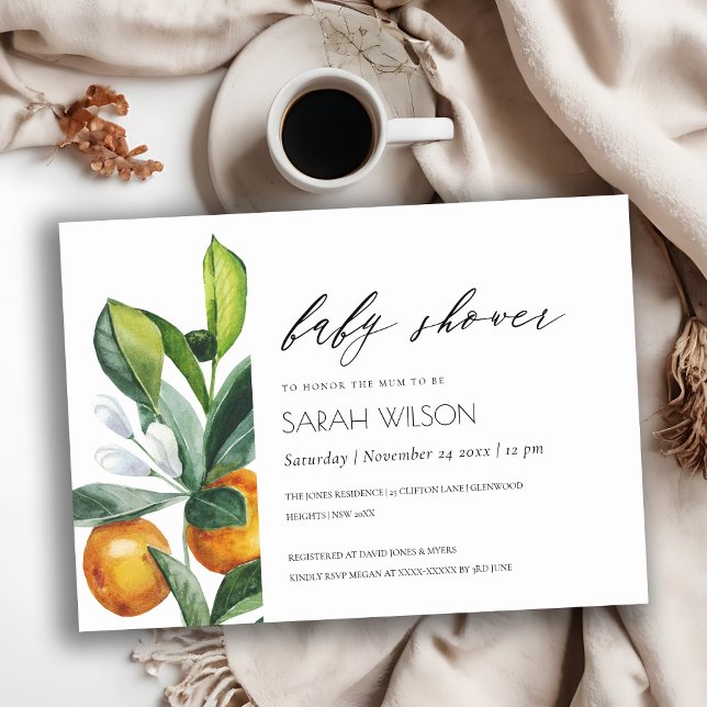 Invitación a Baby Shower de Citrus Naranja Botanic (Subido por el creador)